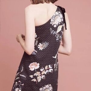 Maeve| Anthro Floral Beaded Black Shift Dress, One Shoulder with Velvet Tie•••